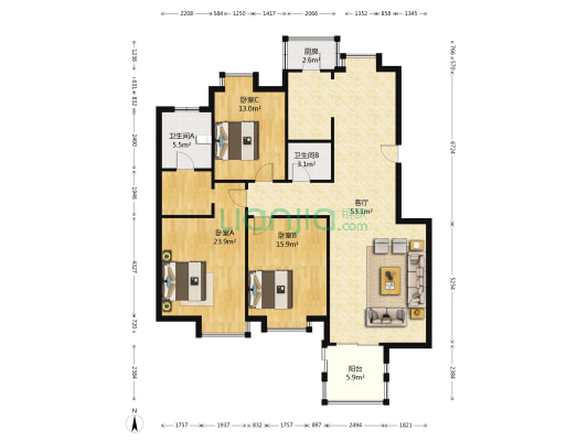 太阳城绿萱园 3室1厅2卫 147平方