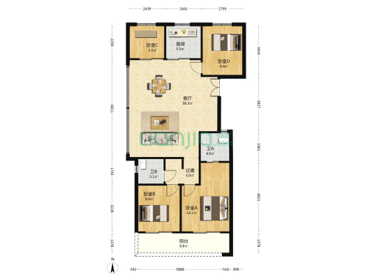 运晓花望府 4室1厅2卫 127平方