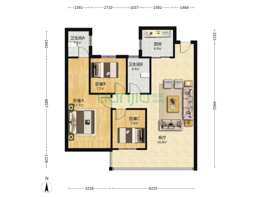 丽豪公馆 3室1厅2卫 110平方