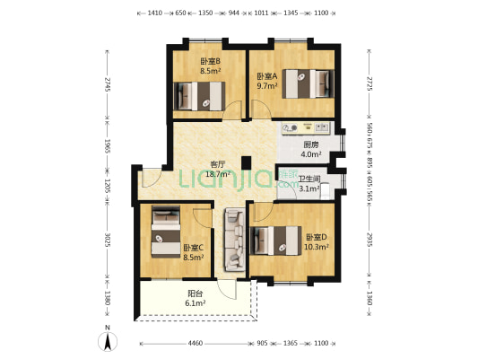 兴中花园 4室1厅1卫 94平方
