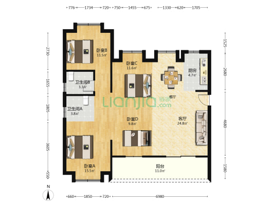钱隆大第 4室1厅2卫 118平方