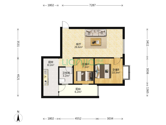 金呈北泰花园 2室1厅1卫 74平方