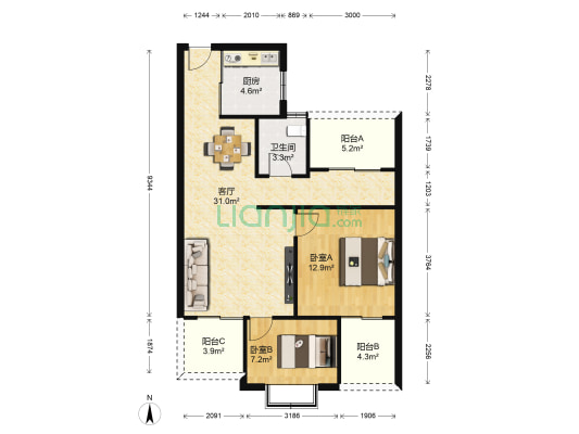 汇鑫摩玛蓝湾B区 2室1厅1卫 92平方