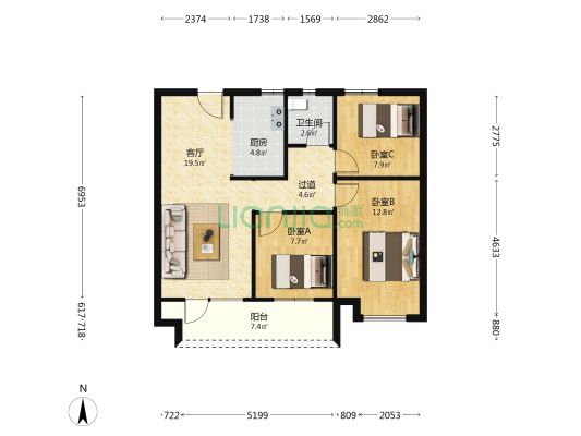 卓越和悦 3室1厅1卫 88平方