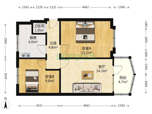 何家庄40号高层小区 2室1厅1卫 57平方