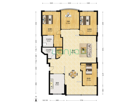 广场花园小区 4室1厅2卫 168平方