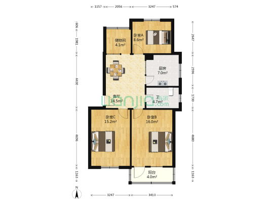 月亮湾 3室1厅1卫 89平方