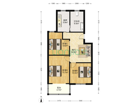 杨家桥小区(普陀) 3室1厅1卫 80平方