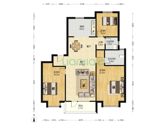 空港澜庭美景A区 3室1厅2卫 141平方