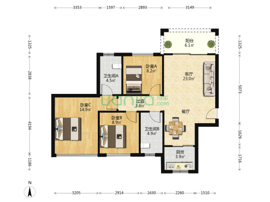 中邦浪琴湾一期 3室1厅2卫 100平方