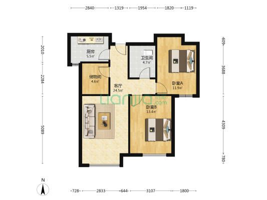 涿州高铁东站，鸿坤理想湾全南2居室，精装修-户型图