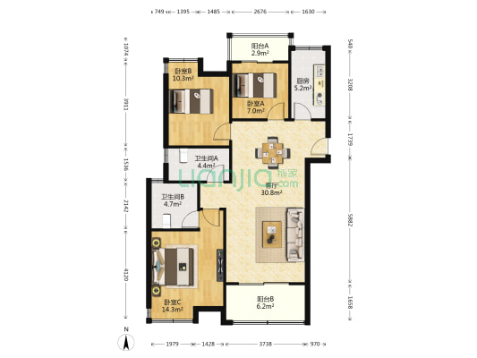 九洲上郡 3室1厅2卫 110平方