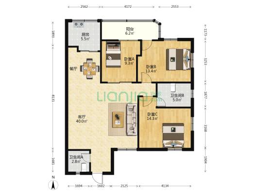 双翔新村 3室1厅2卫 121平方