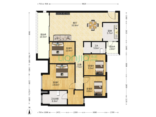 华侨城溪山集B区 4室1厅2卫 151平方