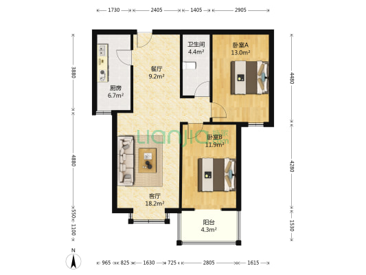 满二，两居室，集中供暖，采光好，优质房源！-户型图