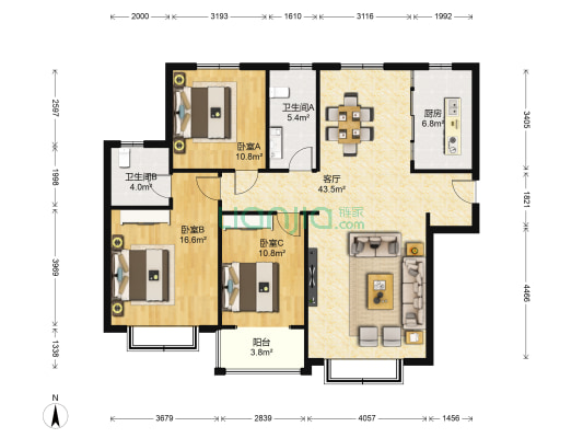 鸿嘉星城观澜御府 3室1厅2卫 139平方