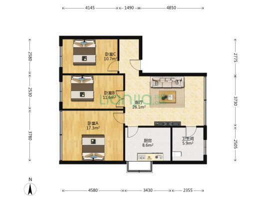 贵乌中路229号楼 3室1厅1卫 82平方