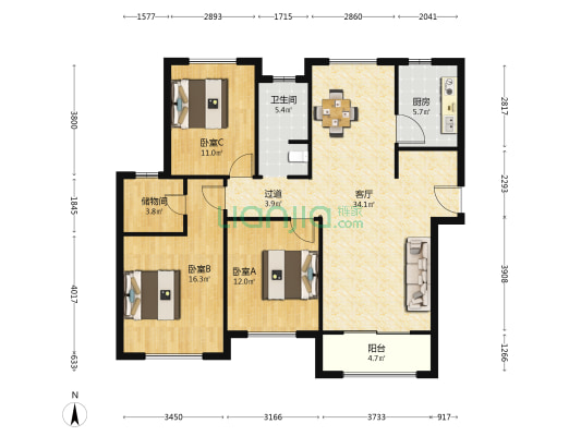 新城花苑 3室1厅1卫 136平方