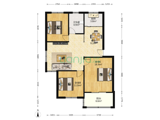 聚宝花园 3室2厅1卫 107平方