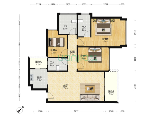君御海城东区 3室1厅3卫 116平方