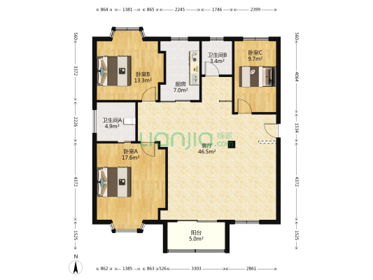 仲英大道333号 3室1厅2卫 133平方