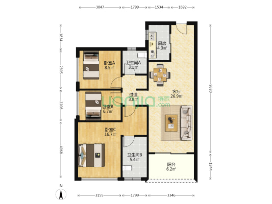 深铁瑞城 3室1厅2卫 97平方
