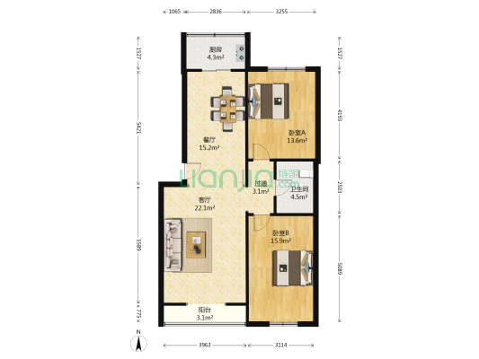 通胜德小区南区 2室2厅1卫 104平方