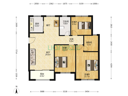 大益华府西苑 3室1厅1卫 128平方
