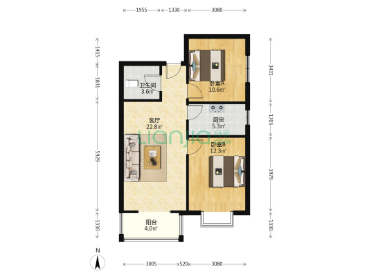 翡翠城全阳两居精装修，凤凰层，采光无遮挡70年大产权-户型图