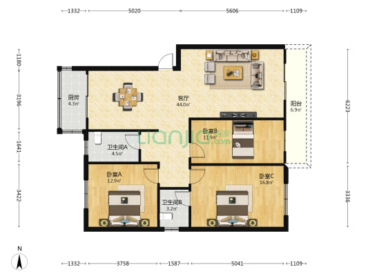 丽华小区 3室1厅2卫 120平方