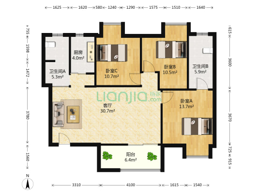 常福国际商务广场 3室1厅2卫 119平方