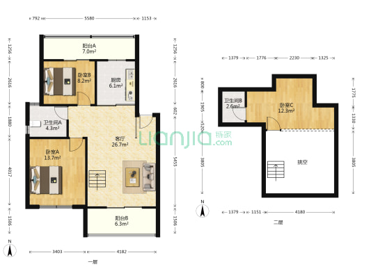 阳光嘉园 3室1厅2卫 77平方