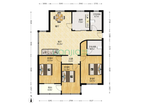 丹阳花园 3室1厅2卫 119平方