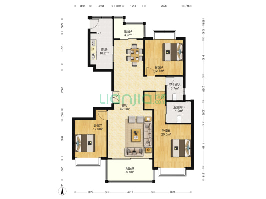 财富广场 3室1厅2卫 156平方