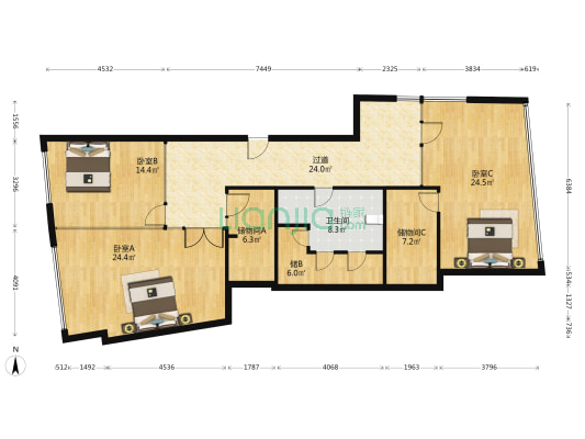 财富中心 3室0厅1卫 173平方