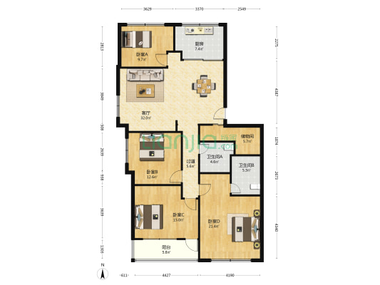 富强路12弄 4室1厅2卫 155平方