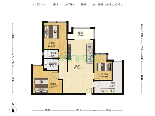 中梁华府 3室1厅2卫 87平方
