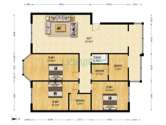 龙胜花园 3室1厅1卫 148平方