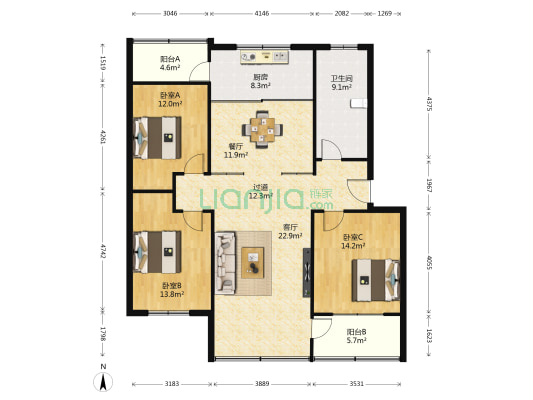 保险公司住宅楼 3室2厅1卫 131平方