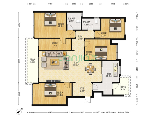 绿地新里城三期 4室1厅2卫 153平方