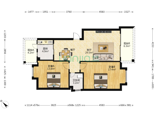 白藤一路东逸鸿花园 2室1厅1卫 90平方