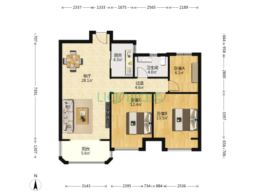 光明索河湾三期 3室1厅1卫 98平方