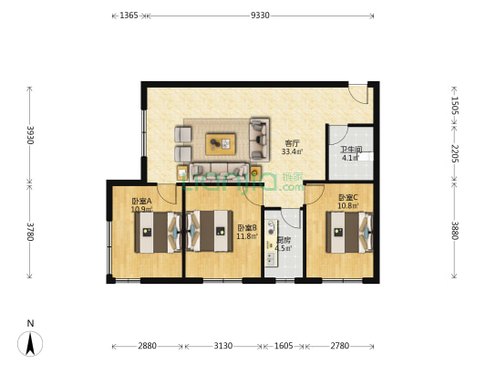 东兴北街弘德缘精装大三居，本满二年。-户型图