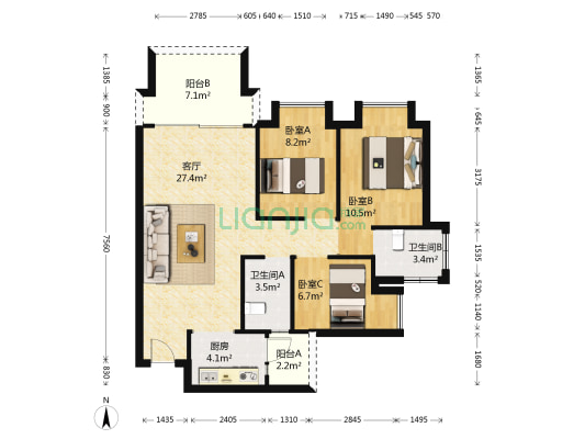 中森茗苑 3室1厅2卫 87平方