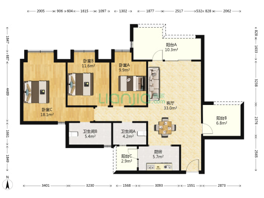 时代倾城 3室1厅2卫 126平方