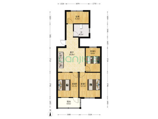新小家属院 4室1厅1卫 89平方
