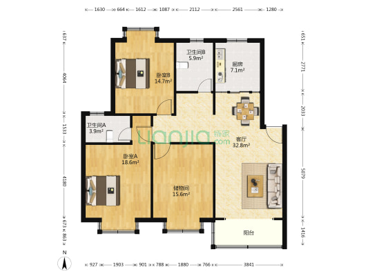 珠竹花苑 2室1厅2卫 121平方