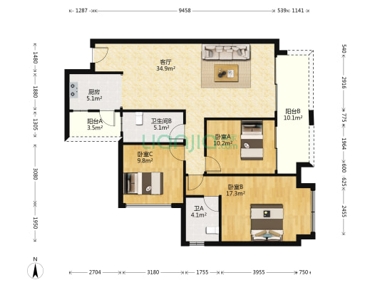 天悦湾 3室1厅2卫 119平方