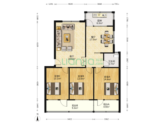 南海子小区 3室2厅1卫 117平方