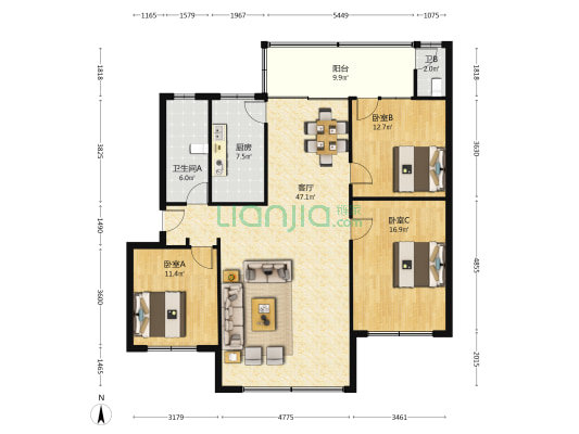 佛山街一段14号 3室1厅2卫 129平方